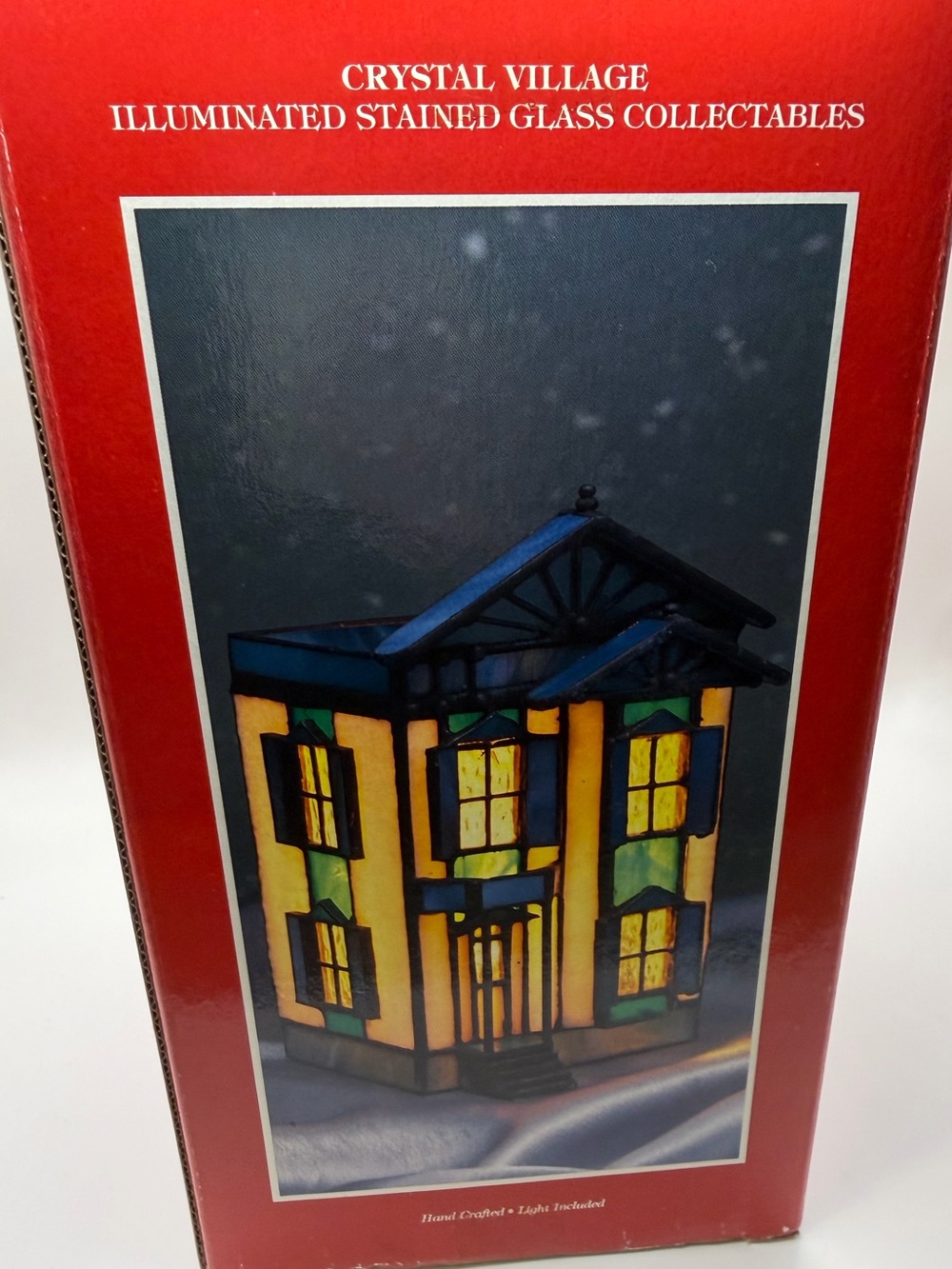 VTG Lighted Stained Glass Victorian House Building Crystal Village Blue White